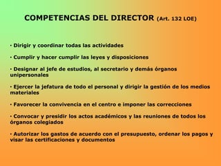 COMPETENCIAS DEL DIRECTOR                         (Art. 132 LOE)




• Dirigir y coordinar todas las actividades

• Cumplir y hacer cumplir las leyes y disposiciones

• Designar al jefe de estudios, al secretario y demás órganos
unipersonales

• Ejercer la jefatura de todo el personal y dirigir la gestión de los medios
materiales

• Favorecer la convivencia en el centro e imponer las correcciones

• Convocar y presidir los actos académicos y las reuniones de todos los
órganos colegiados

• Autorizar los gastos de acuerdo con el presupuesto, ordenar los pagos y
visar las certificaciones y documentos
 