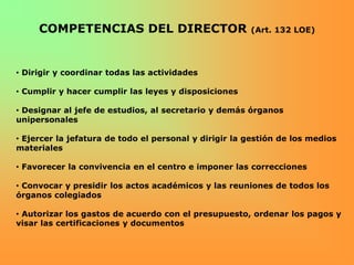 COMPETENCIAS DEL DIRECTOR                         (Art. 132 LOE)




• Dirigir y coordinar todas las actividades

• Cumpli...