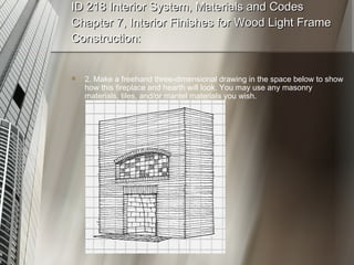 ID 218 Interior System, Materials and Codes Chapter 7, Interior Finishes for Wood Light Frame Construction: 2. Make a freehand three-dimensional drawing in the space below to show how this fireplace and hearth will look. You may use any masonry materials, tiles, and/or mantel materials you wish. 