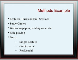 Methods Example

Lectures, Buzz and Bull Sessions

Study Circles

Wall-newspapers, reading room etc

Role playing

Form
– Single Lecture
– Conferences
– Residential
 