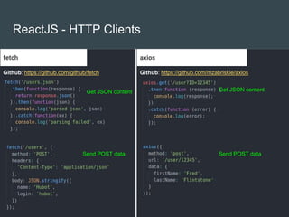 ReactJS - HTTP Clients
fetch axios
Github: https://github.com/mzabriskie/axiosGithub: https://github.com/github/fetch
Get ...