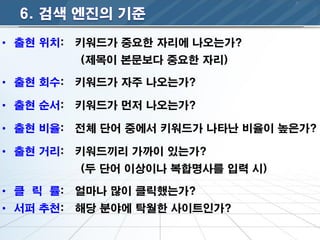• 출현 위치:   키워드가 중요한 자리에 나오는가?
           (제목이 본문보다 중요한 자리)

• 출현 회수:   키워드가 자주 나오는가?

• 출현 순서:   키워드가 먼저 나오는가?

• 출현 비율:   젂체 단어 중에서 키워드가 나타난 비율이 높은가?

• 출현 거리:   키워드끼리 가까이 있는가?
           (두 단어 이상이나 복합명사를 입력 시)

• 클 릭 률:   얼마나 많이 클릭했는가?
• 서퍼 추천:   해당 분야에 탁월한 사이트인가?
 