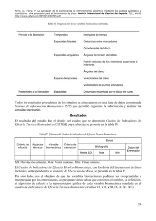 Ferro, A.; Floría, P. La aplicación de la biomecánica al entrenamiento deportivo mediante los análisis cualitativo y
cuantitativo. Una propuesta para el lanzamiento de disco. Revista Internacional de Ciencias del Deporte. 7(3), 49-80
http://www.cafyd.com/REVISTA/00705.pdf


                              Tabla III. Organización de las variables biomecánicas definidas.



   Previas a la liberación          Temporales                     Intervalos de tiempo

                                    Espaciales lineales            Distancias entre marcadores

                                                                   Coordenadas del disco

                                    Espaciales angulares           Ángulos de torsión del atleta

                                                                   Patrón articular de los miembros superiores e
                                                                   inferiores

                                                                   Ángulos del disco

                                    Espacio-temporales             Velocidades del disco

                                                                   Velocidades de puntos articulares

   Posteriores a la liberación      Espaciales                     Distancias recorridas por el disco en vuelo



Todos los resultados procedentes de los estudios se almacenaron en una base de datos denominada
Sistema de Información Biomecánica (SIB) que permitió organizar la información y realizar las
consultas necesarias.
                                                    Resultados
El resultado del estudio fue el diseño del cuadro que se denominó Cuadro de Indicadores de
Eficacia Técnica-Biomecánica (CIETEB) cuya cabecera se presenta en la tabla IV.


                      Tabla IV. Cabecera del Cuadro de Indicadores de Eficacia Técnica-Biomecánica.

                                                                                           Datos
 Criterio de    Aspectos       Variable        Criterio de
  eficacia      técnicos     biomecánica       valoración                       Bibliografía              Datos del
                                                                                                         Entrenador
                                                                Media SD            Máx            Mín


SD: Desviación estándar. Máx: Valor máximo. Mín: Valor mínimo.
El Cuadro de Indicadores de Eficacia Técnica-Biomecánica, con los datos del lanzamiento de disco
incluidos, correspondientes al Instante de liberación del disco, se presenta en la tabla V.
Por otro lado, con el objetivo de que las variables biomecánicas pudieran ser comprendidas e
interpretadas por los entrenadores, se presentan varias tablas que contienen el nombre, la definición,
el algoritmo de cálculo y la representación gráfica de cada variable biomecánica reseñada en el
cuadro de Indicadores de Eficacia Técnica-Biomecánica (tablas VI, VII, VIII, IX, X, XI, XII).




                                                                                                                   59
 