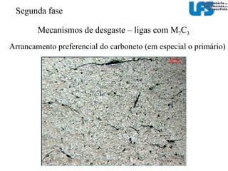 Ensaios de cavitação Para entender a relação entre resistência ao desgaste e carbonetos é necessário incluir na análise: Fração volumétrica Morfologia Propriedades mecânicas (tensão de escoamento e encruamento) da matriz Para entender a relação entre resistência ao desgaste e carbonetos é necessário incluir na análise: Fração volumétrica Morfologia Propriedades mecânicas (tensão de escoamento e encruamento) da matriz Segunda fase 0,01-0,05 Austenita+carbonetos Este trabalho 0,03-0,19 Austenita+ferrita Aço duplex 0,06 Ferrita+perlita SAE 1045 0,04 Austenita+ferrita AISI 347 0,03 Austenita AISI 304 Taxa de desgaste (mg/min)‏ Estrutura Material 