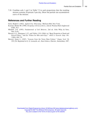 7.10. Combine soils 1 and 3 in Table 7.5 in such proportions that the resulting
mixture contains 20 percent 5 mm clay. Draw the particle size accumulation
curve of the mixture.
References and Further Reading
Grim, Ralph E. (1962). Applied Clay Mineralogy. McGraw-Hill, New York.
Koerner, Robert M. (1990). Designing with Geosythetics, 2nd ed. Prentice-Hall, Englewood
Cliffs, N.J.
Mitchell, J. K. (1993). Fundamentals of Soil Behavior, 2nd ed. John Wiley  Sons,
New York.
Sherard, J. L., Dunnigan, L. P., and Talbot, J. R. (1984). (a) ‘‘Basic Properties of Sand and
Gravel Filters,’’ and (b) ‘‘Filters for Silts and Clays.’’ ASCE J. Geotech. Engr. Div.
110(6), 684–718.
Sherard, James L. (1987). ‘‘Lessons from the Teton Dam Failure.’’ Engng. Geol. 24,
239–256. Reprinted in G. A. Leonards, ed., Dam Failures, Elsevier, Amsterdam, 1987.
Particle Size and Gradation 165
Particle Size and Gradation
Downloaded from Digital Engineering Library @ McGraw-Hill (www.digitalengineeringlibrary.com)
Copyright © 2007 The McGraw-Hill Companies. All rights reserved.
Any use is subject to the Terms of Use as given at the website.
 