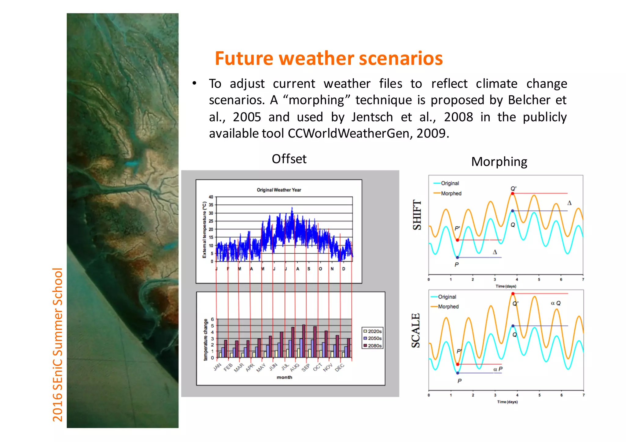 • To adjust current weather files to reflect climate change
scenarios. A “morphing” technique is proposed by Belcher et
al., 2005 and used by Jentsch et al., 2008 in the publicly
available tool CCWorldWeatherGen, 2009.
Offset Morphing
2016	SEniCSummer	School Future	weather	scenarios
 