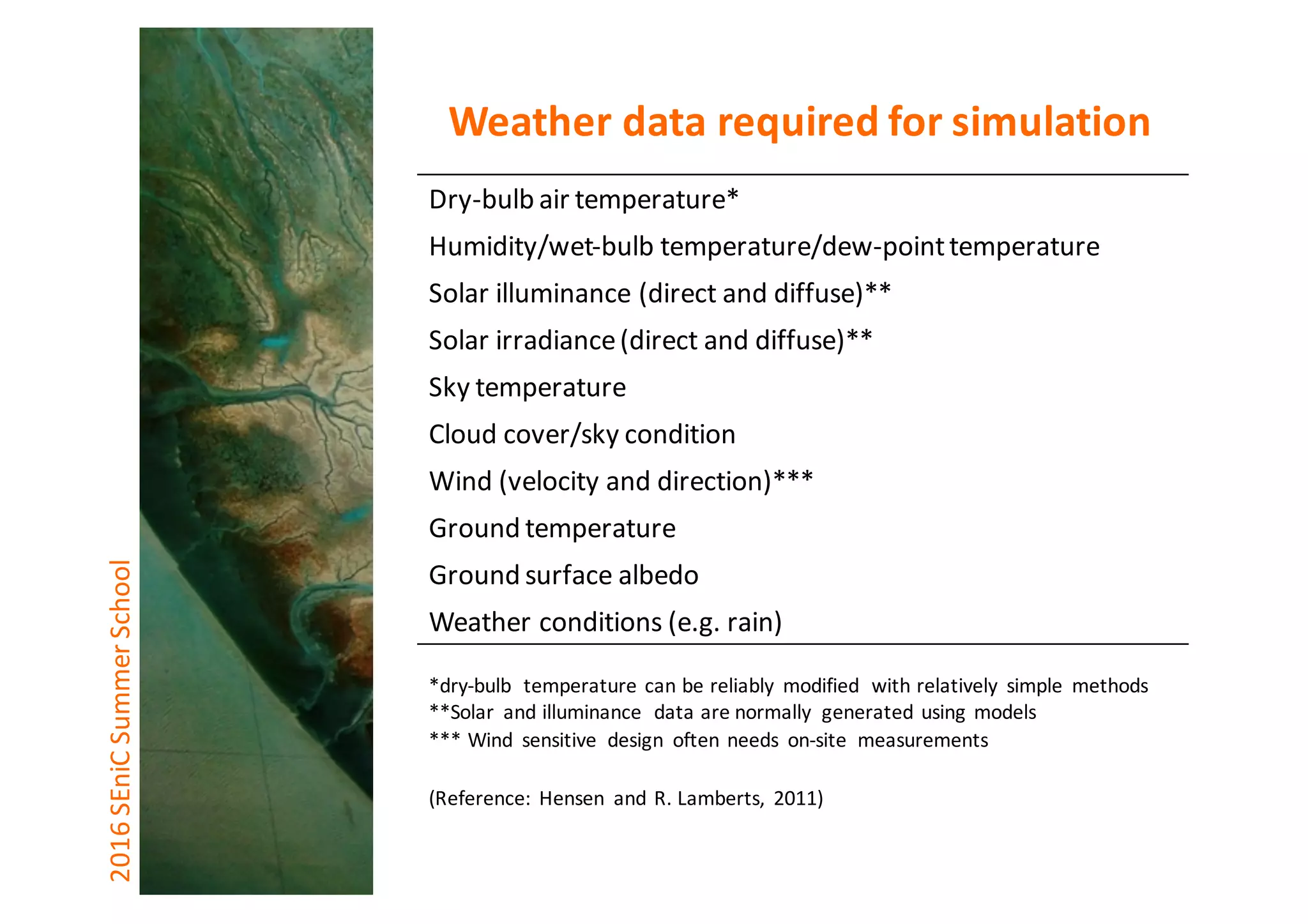 Dry-bulb air	temperature*
Humidity/wet-bulb temperature/dew-point	temperature
Solar	illuminance	(direct	and	diffuse)**
Solar	irradiance	(direct	and	diffuse)**
Sky	temperature
Cloud cover/sky	condition
Wind (velocity	and	direction)***
Ground	temperature
Ground	surface	albedo
Weather	conditions	(e.g.	rain)
*dry-bulb	 temperature	can	be	reliably	 modified	 with	relatively	 simple	 methods
**Solar	 and	illuminance	 data	are	normally	 generated	using	models
*** Wind	 sensitive	 design	 often	needs	 on-site	 measurements
2016	SEniCSummer	School Weather	data	required	for	simulation
(Reference:	Hensen and	R.	Lamberts,	 2011)
 