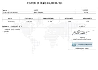 REGISTRO DE CONCLUSÃO DE CURSO
ALUNO
JERFESON DE SENA SILVA 007196
MM 5 - Inventário
INÍCIO CONCLUSÃO CARGA HORÁRIA FREQUÊNCIA MÉDIA FINAL
02/04/2023 17/04/2023 01 hora 100% 7.50
CONTEÚDO PROGRAMÁTICO
1. Orientações Iniciais e Suporte
2. Inventário
3. Fórum
REGISTRO
Diretor(a)
Alex Pimentel, Grandes Projetos
grandesprojetos.com.br
CURSO CÓDIGO
 