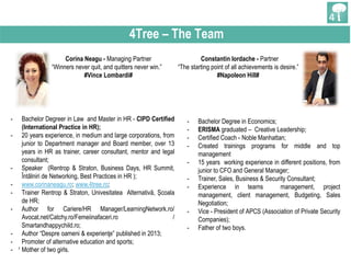 7
Corina Neagu - Managing Partner
“Winners never quit, and quitters never win.”
#Vince Lombardi#
Constantin Iordache - Partner
“The starting point of all achievements is desire.”
#Napoleon Hill#
- Bachelor Degreer in Law and Master in HR - CIPD Certified
(International Practice in HR);
- 20 years experience, in medium and large corporations, from
junior to Department manager and Board member, over 13
years in HR as trainer, career consultant, mentor and legal
consultant;
- Speaker (Rentrop & Straton, Business Days, HR Summit,
Întâlniri de Networking, Best Practices in HR );
- www.corinaneagu.ro; www.4tree.ro;
- Trainer Rentrop & Straton, Univesitatea Alternativă, Școala
de HR;
- Author for Cariere/HR Manager/LearningNetwork.ro/
Avocat.net/Catchy.ro/Femeiinafaceri.ro /
Smartandhappychild.ro;
- Author “Despre oameni & experienţe” published in 2013;
- Promoter of alternative education and sports;
- Mother of two girls.
- Bachelor Degree in Economics;
- ERISMA graduated – Creative Leadership;
- Certified Coach - Noble Manhattan;
- Created trainings programs for middle and top
management
- 15 years working experience in different positions, from
junior to CFO and General Manager;
- Trainer, Sales, Business & Security Consultant;
- Experience in teams management, project
management, client management, Budgeting, Sales
Negotiation;
- Vice - President of APCS (Association of Private Security
Companies);
- Father of two boys.
4Tree – The Team
 