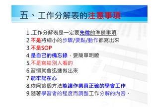 五、工作分解表的注意事項
1 .工作分解表是㇐定要先做的準備事項
2.不是將細小的步驟/要點/動作都寫出來
3.不是SOP
4.是自己的備忘錄，要簡單明瞭
5.不是寫給別人看的
6.習慣就會迅速做出來
7.能牢記在心
8.依照這個方法能讓作業員正確的學會工作
9.隨著學習者的程度而調整工作分解的內容。
 