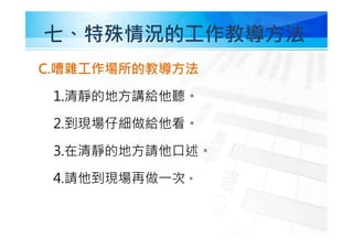 七、特殊情況的工作教導方法
C.嘈雜工作場所的教導方法
1.清靜的地方講給他聽。
2.到現場仔細做給他看。
3.在清靜的地方請他口述。
4.請他到現場再做㇐次。
 