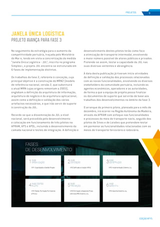 EDIÇÃO Nº75
PROJETOS 9
JANELA ÚNICA LOGÍSTICA
PROJETO AVANÇA PARA FASE 3
No seguimento da estratégia para o aumento da
competitividade portuária, traçada pelo Ministério
do Mar e, tendo em vista a concretização da medida
“Janela Única Logística - JUL”, inscrita no programa
Simplex+, o projeto JUL encontra-se estruturado em
6 fases de implementação distintas.
Os trabalhos da fase 2, referente à conceção, cujo
principal objetivo é a construção do MRN2 (modelo
de referência nacional, versão 2, que substituirá
o atual MRN cujas origens remontam a 2003),
englobam a definição da arquitetura de informação,
arquitetura de negócio e da arquitetura aplicacional,
assim como a definição e validação dos vários
artefactos necessários, e que irão servir de suporte
à construção da JUL.
Recorde-se que a disseminação da JUL a nível
nacional, será precedida pelo desenvolvimento
e colocação em funcionamento de três pilotos na
APRAM, APS e APDL, incluindo o desenvolvimento da
camada nacional e testes de integração. A definição e
desenvolvimento destes pilotos terão como foco
a otimização de transporte intermodal, envolvendo
o maior número possível de atores públicos e privados.
Pretende-se assim, testar a capacidade da JUL nas
suas diversas vertentes e abrangência.
À data desta publicação já tiveram início atividades
de definição e validação dos processos relacionados
com as novas funcionalidades, envolvendo os diversos
stakeholders da comunidade portuária, incluindo os
agentes económicos, operadores e as autoridades,
de forma a que a equipa de projeto possa finalizar
os documentos de suporte que servirão de base aos
trabalhos dos desenvolvimentos no âmbito da fase 3.
O arranque do primeiro piloto, planeado para o mês de
dezembro, irá ocorrer na Região Autónoma da Madeira,
através da APRAM com enfoque nas funcionalidades
e processos do meio de transporte navio, seguido dos
pilotos de Sines e de Leixões que pretendem testar
em pormenor as funcionalidades relacionadas com os
meios de transporte ferroviário e rodoviário.
 