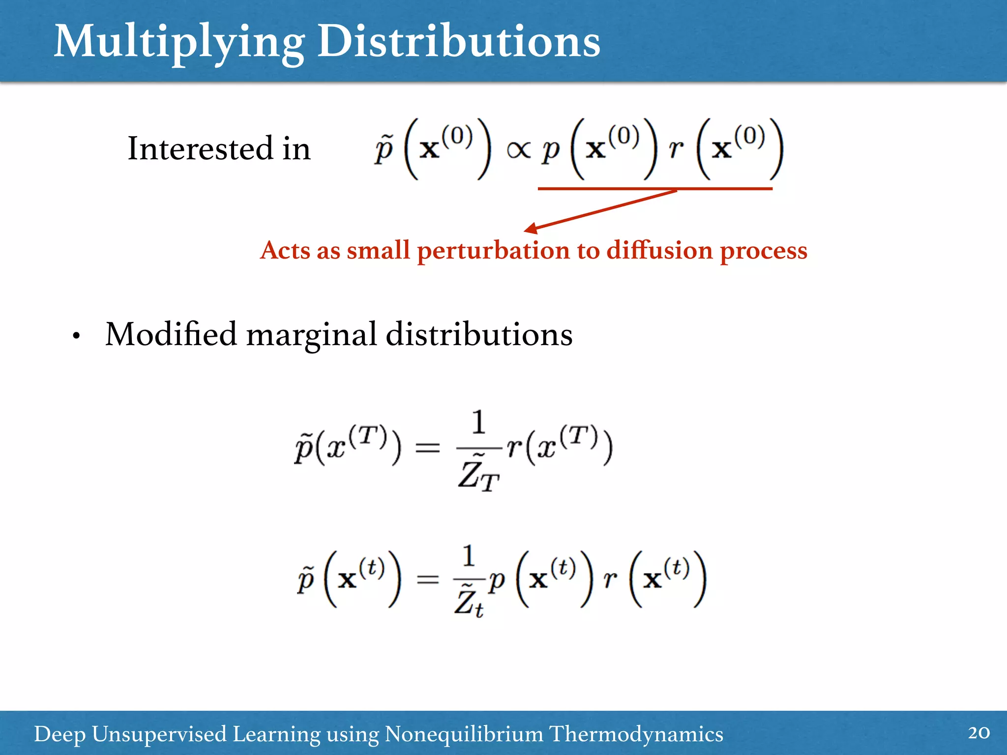 Multiplying Distributions
20Deep Unsupervised Learning using Nonequilibrium Thermodynamics
• Modiﬁed marginal distributions
Interested in
Acts as small perturbation to diﬀusion process
 
