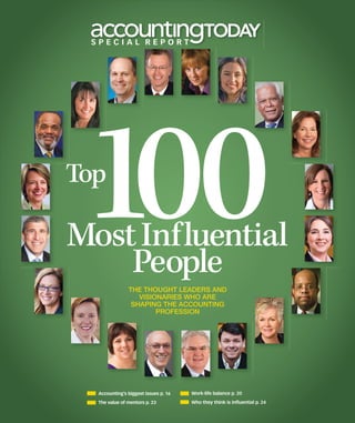S P E C I A L R E P O R T
THE THOUGHT LEADERS AND
VISIONARIES WHO ARE
SHAPING THE ACCOUNTING
PROFESSION
Top
People
100MostInfluential
Work-life balance p. 20
Who they think is inﬂuential p. 24
Accounting’s biggest issues p. 16
The value of mentors p. 23
 
