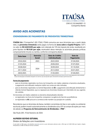 CNPJ 61.532.644/0001-15
Companhia Aberta
AVISO AOS ACIONISTAS
CRONOGRAMA DE PAGAMENTO DE PROVENTOS TRIMESTRAIS
ITAÚSA S.A. (“Companhia”) (B3: ITSA3, ITSA4) comunica aos seus Acionistas que, a partir desta
data, os proventos trimestrais serão pagos na forma de Juros sobre o Capital Próprio (“JCP”)
no valor de R$ 0,0235295 por ação, com retenção de 15% de imposto de renda, resultando em
juros líquidos de R$ 0,02 por ação, excetuados dessa retenção os acionistas pessoas jurídicas
comprovamente imunes ou isentos, conforme cronograma abaixo:
Data-base Exercício
Social
Data do Crédito
Individualizado
Data de
Pagamento
29.02.2024 2023 28.03.2024 01.04.2024
31.05.2024
2024
28.06.2024 01.07.2024
30.08.2024 30.09.2024 01.10.2024
29.11.2024 20.12.2024 02.01.2025
28.02.2025 31.03.2025 01.04.2025
Obs: conforme Política de Remuneração aos Acionistas da Companhia, disponível no website da Itaúsa (www.itausa.com.br), esses pagamentos serão realizados
a título de antecipação do dividendo obrigatório do exercício, que será apurado após o fechamento do balanço patrimonial anual.
Forma de pagamento:
- para os Acionistas registrados nos livros da Companhia com dados cadastrais e bancários atualizados,
o pagamento será efetuado mediante crédito nas contas por eles indicadas;
- para os Acionistas registrados na Central Depositária da B3, o pagamento será efetuado diretamente à
referida Central Depositária, que os repassará aos Acionistas titulares por intermédio de seus agentes
de custódia.
Os Acionistas com dados cadastrais ou bancários desatualizados deverão:
- se registrados nos livros da Companhia: comparecer na agência do Itaú de sua preferência;
- se registrados na B3: procurar a corretora onde mantém sua posição em custódia.
Recordamos que os Acionistas da Itaúsa, também correntistas do Itaú e com ações no ambiente
escritural, podem investir automaticamente os dividendos e/ou JCP na compra de ações por meio
de adesão ao Programa de Reinvestimento de Dividendos – PRD(*)
.
São Paulo (SP), 19 de fevereiro de 2024.
ALFREDO EGYDIO SETUBAL
Diretor de Relações com Investidores
(*) para aderir ao PRD acesse o Itaú Bankline (www.itau.com.br) ou, para informações adicionais sobre o PRD, ligue (xx11)3003-9285 para Capitais e Regiões
Metropolitanas ou 0800-720-985 para Demais Localidades.
 