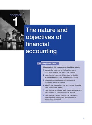 3
1 The nature and
objectives of
financial
accounting
After reading this chapter you should be able to:
1 explain the meaning of the key terms and
concepts listed at the end of the chapter;
2 describe the nature and functions of double-
entry bookkeeping and financial accounting;
3 discuss the objectives and limitations of
company annual accounts;
4 identify the users of annual reports and describe
their information needs;
5 describe the legislation and other rules governing
the contents of company annual reports;
6 describe the current institutional framework
relating to the setting and enforcement of
accounting standards.
Learning objectives
chapter
07_1312MH_CH01 8/2/05 2:24 pm Page 3
 