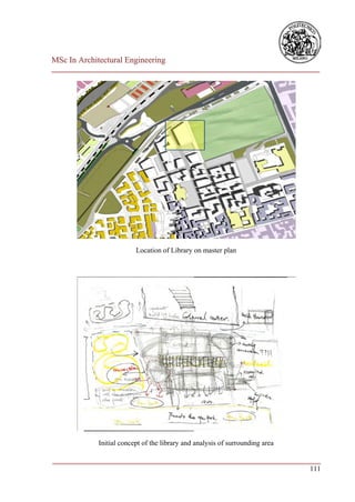 MSc In Architectural Engineering
___________________________________________________________________________




                          Location of Library on master plan




             Initial concept of the library and analysis of surrounding area

___________________________________________________________________________
                                                                        111
 