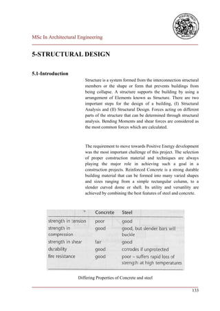 MSc In Architectural Engineering
___________________________________________________________________________

5-STRUCTURAL DESIGN

5.1-Introduction
                        Structure is a system formed from the interconnection structural
                        members or the shape or form that prevents buildings from
                        being collapse. A structure supports the building by using a
                        arrangement of Elements known as Structure. There are two
                        important steps for the design of a building, (I) Structural
                        Analysis and (II) Structural Design. Forces acting on different
                        parts of the structure that can be determined through structural
                        analysis. Bending Moments and shear forces are considered as
                        the most common forces which are calculated.



                        The requirement to move towards Positive Energy development
                        was the most important challenge of this project. The selection
                        of proper construction material and techniques are always
                        playing the major role in achieving such a goal in a
                        construction projects. Reinforced Concrete is a strong durable
                        building material that can be formed into many varied shapes
                        and sizes ranging from a simple rectangular column, to a
                        slender curved dome or shell. Its utility and versatility are
                        achieved by combining the best features of steel and concrete.




                    Differing Properties of Concrete and steel
___________________________________________________________________________
                                                                        133
 