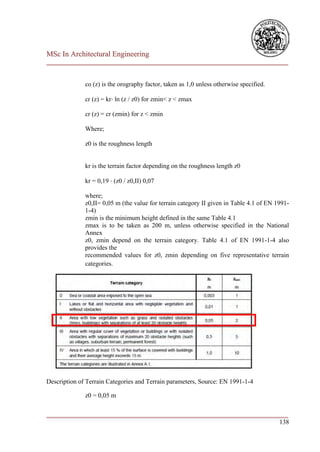 MSc In Architectural Engineering
___________________________________________________________________________


              co (z) is the orography factor, taken as 1,0 unless otherwise specified.

              cr (z) = kr⋅ ln (z / z0) for zmin< z < zmax

              cr (z) = cr (zmin) for z < zmin

              Where;

              z0 is the roughness length


              kr is the terrain factor depending on the roughness length z0

              kr = 0,19 ⋅ (z0 / z0,II) 0,07

              where;
              z0,II= 0,05 m (the value for terrain category II given in Table 4.1 of EN 1991-
              1-4)
              zmin is the minimum height defined in the same Table 4.1
              zmax is to be taken as 200 m, unless otherwise specified in the National
              Annex
              z0, zmin depend on the terrain category. Table 4.1 of EN 1991-1-4 also
              provides the
              recommended values for z0, zmin depending on five representative terrain
              categories.




Description of Terrain Categories and Terrain parameters, Source: EN 1991-1-4

              z0 = 0,05 m

___________________________________________________________________________
                                                                        138
 