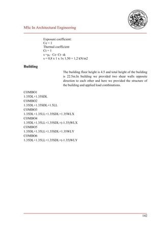 MSc In Architectural Engineering
___________________________________________________________________________

            Exposure coefficient:
            Ce = 1
            Thermal coefficient
            Ct = 1
            s =i ⋅ Ce⋅ Ct⋅ sk
            s = 0,8 x 1 x 1x 1,50 = 1,2 kN/m2

Building
                          The building floor height is 4.5 and total height of the building
                          is 22.5m.In building we provided two shear walls opposite
                          direction to each other and here we provided the structure of
                          the building and applied load combinations.

COMBO1
1.35DL+1.35SDL
COMBO2
1.35DL+1.35SDL+1.5LL
COMBO3
1.35DL+1.35LL+1.35SDL+1.35WLX
COMBO4
1.35DL+1.35LL+1.35SDL+(-1.35)WLX
COMBO5
1.35DL+1.35LL+1.35SDL+1.35WLY
COMBO6
1.35DL+1.35LL+1.35SDL+(-1.35)WLY




___________________________________________________________________________
                                                                        142
 