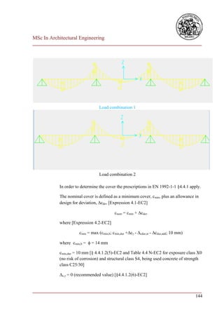 MSc In Architectural Engineering
___________________________________________________________________________




                                  Load combination 1




                                  Load combination 2

            In order to determine the cover the prescriptions in EN 1992-1-1 §4.4.1 apply.

            The nominal cover is defined as a minimum cover, cmin, plus an allowance in
            design for deviation, cdev [Expression 4.1-EC2]

                                           cnom = cmin + cdev

            where [Expression 4.2-EC2]

                      cmin = max (cmin,b; cmin,dur +c - cdur,st - cdur,add; 10 mm)

            where cmin,b =  = 14 mm

            cmin,dur = 10 mm [§ 4.4.1.2(5)-EC2 and Table 4.4 N-EC2 for exposure class X0
            (no risk of corrosion) and structural class S4, being used concrete of strength
            class C25/30]

            c, = 0 (recommended value) [§4.4.1.2(6)-EC2]


___________________________________________________________________________
                                                                        144
 