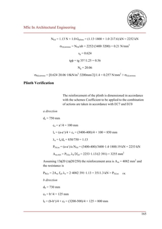 MSc In Architectural Engineering
___________________________________________________________________________

                  NEd = 1.13 N + 1.0 Gplinto = (1.13·1800 + 1.0·217.6) kN = 2252 kN

                          Ed,terreno = NEd/ab = 2252/(3400·3200) = 0.21 N/mm2

                                        sg = 0.624

                                 tg = tg 35°/1.25 = 0.56

                                       Ng = 20.06

      Rd,terreno = [0.624·20.06·18kN/m3·3200mm/2]/1.4 = 0.257 N/mm2 > Ed,terreno

Plinth Verification


                            The reinforcement of the plinth is dimensioned in accordance
                            with the schemes Coefficient to be applied to the combination
                            of actions are taken in accordance with EC7 and EC0

            a direction

            da = 750 mm

                   ca = a‘/4 = 100 mm

                   la = (a-a‘)/4 + ca = (3400-400)/4 + 100 = 850 mm

                   a = la/da = 850/750 = 1.13

                   PEd,sa = (a-a‘)/a NEd = (3400-400)/3400·1.4·1800.19 kN = 2253 kN

                   Asa,min = PEd,a a/2fyd = 2253·1.13/(2·391) = 3255 mm2

            Assuming 1320 (20/250) the reinforcement area is Asa = 4082 mm2 and
            the resistance is

            PRd,s = 2Asa fyd a = 2·4082·391·1.13 = 3511.3 kN > PEd,sa   OK


            b direction

            db = 730 mm

            cb = b‘/4 = 125 mm

            lb = (b-b‘)/4 + cb = (3200-500)/4 + 125 = 800 mm

___________________________________________________________________________
                                                                        165
 
