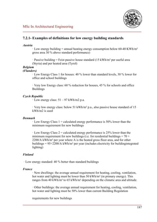 MSc In Architectural Engineering
___________________________________________________________________________

7.2.1- Examples of definitions for low energy building standards
Austria
       · Low energy building = annual heating energy consumption below 60-40 KWh/m²
       gross area 30 % above standard performance)

      · Passive building = Feist passive house standard (15 kWh/m² per useful area
      (Styria) and per heated area (Tyrol)
Belgium
(Flanders)
      · Low Energy Class 1 for houses: 40 % lower than standard levels, 30 % lower for
      office and school buildings

       · Very low Energy class: 60 % reduction for houses, 45 % for schools and office
       Buildings

Czech Republic
      · Low energy class: 51 – 97 kWh/m2 p.a.

       · Very low energy class: below 51 kWh/m² p.a., also passive house standard of 15
       kWh/m2 is used

Denmark
     · Low Energy Class 1 = calculated energy performance is 50% lower than the
     minimum requirement for new buildings

       · Low Energy Class 2 = calculated energy performance is 25% lower than the
       minimum requirement for new buildings (i.e. for residential buildings = 70 +
       2200/A kWh/m² per year where A is the heated gross floor area, and for other
       buildings = 95+2200/A kWh/m² per year (includes electricity for buildingintegrated
       lighting)

Finland

· Low energy standard: 40 % better than standard buildings

France
      · New dwellings: the average annual requirement for heating, cooling, ventilation,
      hot water and lighting must be lower than 50 kWh/m² (in primary energy). This
      ranges from 40 kWh/m² to 65 kWh/m² depending on the climatic area and altitude.

       · Other buildings: the average annual requirement for heating, cooling, ventilation,
       hot water and lighting must be 50% lower than current Building Regulation

       requirements for new buildings
___________________________________________________________________________
                                                                        187
 