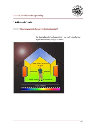 MSc In Architectural Engineering
___________________________________________________________________________

7.4-Thermal Comfort


     ―Good tem
             perature is the one you don‘t notice at all‖



                           Our thermal comfort defines not only our well-being but our
                           physical and intellectual performance




___________________________________________________________________________
                                                                        193
 