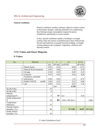MSc In Architectural Engineering
         ___________________________________________________________________________

         Natural ventilation

                                      Natural ventilation satisfies a primary objective when it comes
                                      to bioclimatic designs: reducing demand in air conditioning
                                      thus limiting energy consumption required to power
                                      installations, particularly in warm weather.

                                      In fact, natural ventilation enables a building's overnight
                                      cooling. Once the sources of pollution have been reduced and
                                      the hot and fouled air evacuated from the building, overnight
                                      cooling enhances the occupants‘ respiratory, olfactory and
                                      thermal comfort.

         7.5-U-Values and Glazer Diagrams

         U-Values

        No                      Material             s     λ         s/λ                    k=λ/s
                                                    [m] [W/mK] [m²K/W]                     [W/m²K]
                     1 Plaster board                0.01   0.16                     0.08      13.33
                     2 Mineral Wool Insulation      0.05   0.04                     1.43       0.70
                     3 Air gap                      0.10   0.22                     0.45       2.22
                     4 Concrete                     0.10   0.42                     0.24       4.20
                       Insulation, expanded
                     5 polysterene                   0.04      0.03                 1.33       0.75
                     6 DAKU FSD 30          mm80     0.08      0.55                 0.15       6.88
                     7 soil                          0.09      0.15                 0.57       1.76
                                                            sum                    4.238
He [W/m²K]                                             25
Hi [W/m²K]                                              8
Outside
temperature°C                                          -5        S= Σs=                        4.24
Inside temperature
°
C                                                      20       R= 1/He+1/Hi+Σs/λ=                      4.403
Temperature
difference                                             25
Outside relative
humidity (%)                                           80                       U=1/R=        0.227 [W/m²K]
Inside relative
humidity (%)                                           50


                                    U value Calculation of roof
         ___________________________________________________________________________
                                                                                 197
 