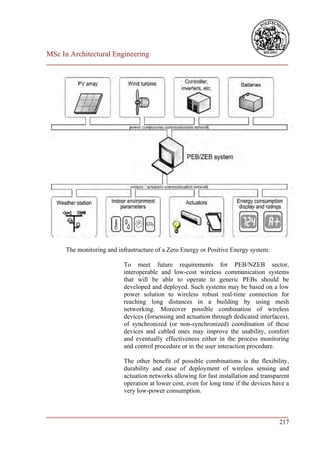 MSc In Architectural Engineering
___________________________________________________________________________




      The monitoring and infrastructure of a Zero Energy or Positive Energy system.

                           To meet future requirements for PEB/NZEB sector,
                           interoperable and low-cost wireless communication systems
                           that will be able to operate to generic PEBs should be
                           developed and deployed. Such systems may be based on a low
                           power solution to wireless robust real-time connection for
                           reaching long distances in a building by using mesh
                           networking. Moreover possible combination of wireless
                           devices (forsensing and actuation through dedicated interfaces),
                           of synchronized (or non-synchronized) coordination of these
                           devices and cabled ones may improve the usability, comfort
                           and eventually effectiveness either in the process monitoring
                           and control procedure or in the user interaction procedure.

                           The other benefit of possible combinations is the flexibility,
                           durability and ease of deployment of wireless sensing and
                           actuation networks allowing for fast installation and transparent
                           operation at lower cost, even for long time if the devices have a
                           very low-power consumption.


___________________________________________________________________________
                                                                        217
 