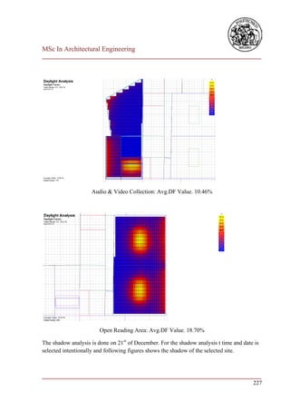 MSc In Architectural Engineering
___________________________________________________________________________




                    Audio & Video Collection: Avg.DF Value. 10.46%




                        Open Reading Area: Avg.DF Value. 18.70%

The shadow analysis is done on 21st of December. For the shadow analysis t time and date is
selected intentionally and following figures shows the shadow of the selected site.



___________________________________________________________________________
                                                                        227
 