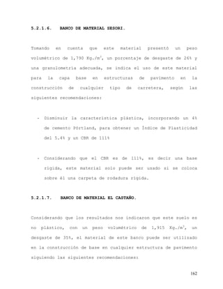 162
5.2.1.6. BANCO DE MATERIAL SESORI.
Tomando en cuenta que este material presentó un peso
volumétrico de 1,790 Kg./m3
, un porcentaje de desgaste de 26% y
una granulometría adecuada, se indica el uso de este material
para la capa base en estructuras de pavimento en la
construcción de cualquier tipo de carretera, según las
siguientes recomendaciones:
- Disminuir la característica plástica, incorporando un 4%
de cemento Pórtland, para obtener un Índice de Plasticidad
del 5.4% y un CBR de 111%
- Considerando que el CBR es de 111%, es decir una base
rígida, este material solo puede ser usado si se coloca
sobre él una carpeta de rodadura rígida.
5.2.1.7. BANCO DE MATERIAL EL CASTAÑO.
Considerando que los resultados nos indicaron que este suelo es
no plástico, con un peso volumétrico de 1,915 Kg./m3
, un
desgaste de 35%, el material de este banco puede ser utilizado
en la construcción de base en cualquier estructura de pavimento
siguiendo las siguientes recomendaciones:
 