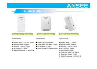 Products: AlarmsProducts: Alarms
Door Sensor Detector Fuel Gas Detector PIR Motion Detector
Specifications:
◆ Power: 3V(2*1. 5V AAA battery )
◆ Alarm Current: ≤70mA
◆ Standby Current: ≤10uA
◆ RF Distance: ≧30M
◆ Radio Frequency: 915MHz/FSK
Specifications:
◆ Power: AC100V~AC240V
◆ Alarm level: First level, 10%LEL
◆ RF Distance: ≧30M
◆ Radio Frequency: 915MHz/FSK
Specifications:
◆ Power: 9V 6F22 battery
◆ Alarm Current: ≤30mA
◆ Standby Current: ≤25uA
◆ RF Distance: ≧30M
◆ Install Height:2.2M
◆ Detection angle:110 degree
◆ Detection Range: 8~12m
◆ Radio Frequency: 915MHz/FSK
 