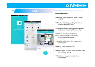 Ansee APP Features:
◆ Adaptive Video Connection Mode: Fluency
and HD
◆ Timeline Video Playback: Drag timeline to
playback where you want
◆ Support Snapshot, video recording, two-way
audio communication, full screen play
◆ 24 Hours Push Alarm Notification
Virtual remote controller with one key
arming/disarming function
◆ Schedule video record plan & auto home
security plan
◆ Adding camera by microwave
◆ Various alarm accessory signal input and video
alarm linkage settings
◆ Smart home equipments control and
management
AppApp
 