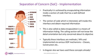 www.webstackacademy.com
Separation of Concern (SoC) - Implementation
• Practically it is achieved by encapsulating information
inside a section of code that has a well-defined
interface.
• The section of code which is interested, will invoke this
interface and obtain required information
• This is also called as data encapsulation is a means of
information hiding. The calling section will not know the
detail orientation but only concerned about its objective
• Typically these interfaces are methods / APIs and
implemented via various OOP mechanisms – Classes,
Constructors etc..
• In Angular also we have used these concepts already!
 