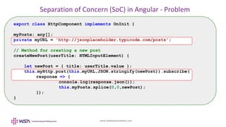www.webstackacademy.com
Separation of Concern (SoC) in Angular - Problem
export class HttpComponent implements OnInit {
myPosts: any[];
private myURL = 'http://jsonplaceholder.typicode.com/posts';
// Method for creating a new post
createNewPost(userTitle: HTMLInputElement) {
let newPost = { title: userTitle.value };
this.myHttp.post(this.myURL,JSON.stringify(newPost)).subscribe(
response => {
console.log(response.json());
this.myPosts.splice(0,0,newPost);
});
}
 