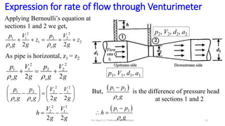 Applying Bernoulli’s equation at
sections 1 and 2 we get,
2 2
1 1 2 2
1 2
2 2
 
    
o o
p V p V
z z
g g g g
As pipe is horizontal, z1 = z2
2 2
1 1 2 2
2 2
 
  
o o
p V p V
g g g g
2 2
1 2 2 1
2 2
 
   
  
   
 
 
o o
p p V V
g g g g
 
1 2


 
o
p p
h
g
But, is the difference of pressure head
at sections 1 and 2
 
1 2


o
p p
g
2 2
2 1
2 2
 
V V
h
g g
Expression for rate of flow through Venturimeter
p2, V2, d2, a2
p1, V1, d1, a1
11
Dr. Vijay G S, Professor, MIT, Manipal
 