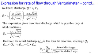 Expression for rate of flow through Venturimeter – contd…
We know, Discharge, Q = a2 V2
1 1 2
2 2 2 2 2
1 2 1 2
2 2
a gh a a gh
Q a
a a a a
 
 
 
 
 
 
This expression gives theoritical discharge which is possible only at
ideal conditions.
1 2
2 2
1 2
2
th
a a gh
Q
a a


However, the actual discharge Qact is less than the theoritical discharge Qth
Qact < Qth  Qact = Cd× Qth
act
d
th
Q Actual discharge
C
Q Theoretical disch arge
 
13
Dr. Vijay G S, Professor, MIT, Manipal
 