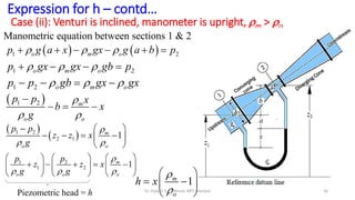 Expression for h – contd…
Case (ii): Venturi is inclined, manometer is upright, m > o
Manometric equation between sections 1 & 2
   
1 2
  
     
o m o
p g a x gx g a b p
1 2
  
   
o m o
p gx gx gb p
1 2   
   
o m o
p p gb gx gx
 
1 2 
 

  
m
o o
p p x
b x
g
 
 
1 2
2 1 1

 
  
   
 
 
m
o o
p p
z z x
g
1 2
1 2 1

  
     
    
     
     
m
o o o
p p
z z x
g g
1


 
 
 
 
m
o
h x
Piezometric head = h 16
Dr. Vijay G S, Professor, MIT, Manipal
 