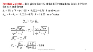 Problem 2 contd… It is given that 4% of the differential head is lost between
the inlet and throat
hL = 4% of h = (4/100)×19.032 = 0.7613 m of water
hact = h – hL = 19.032 – 0.7613 = 18.271 m of water
Qact = Cd× Qth
1 2 1 2
2 2 2 2
1 2 1 2
2 2
18.271
0.98
19.032
act
d
act d
act
d
a a gh a a gh
C
a a a a
h C h
h
C
h
 
 
 
 
 
 

  
23
Dr. Vijay G S, Professor, MIT, Manipal
 