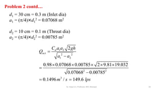 Problem 2 contd…
d1 = 30 cm = 0.3 m (Inlet dia)
a1 = (/4)×d1
2 = 0.07068 m2
d2 = 10 cm = 0.1 m (Throat dia)
a2 = (/4)×d2
2 = 0.00785 m2
1 2
2 2
1 2
2 2
3
2
0.98 0.07068 0.00785 2 9.81 19.032
0.07068 0.00785
0.1496 / 149.6
d
act
C a a gh
Q
a a
m s lps


    


 
24
Dr. Vijay G S, Professor, MIT, Manipal
 