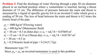 Problem 3: Find the discharge of water flowing through a pipe 30 cm diameter
placed in an inclined position where a venturimeter is inserted, having a throat
diameter of 15 cm. The difference of pressure between the main and throat is
measured by a liquid of specific gravity 0.6 in an inverted U-tube which gives a
reading of 30 cm. The loss of head between the main and throat is 0.2 times the
kinetic head of the pipe.
25
o = 1000 kg/m3 (Flowing water)
m = 600 kg/m3 (Manometer fluid)
d1 = 30 cm = 0.3 m (Inlet dia)  a1 = d1
2/4 = 0.07069 m2
d2 = 15 cm = 0.15 m (Throat dia)  a2 = d2
2/4 = 0.01767 m2
x = 30 cm = 0.3 m
hL = 0.2×kinetic head of pipe = 0.2×(V1
2/2g)
Manometer type ???
Since m < o, an inverted manometer is used in this problem
Dr. Vijay G S, Professor, MIT, Manipal
 