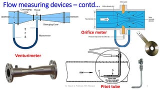 Venturimeter
Orifice meter
Pitot tube 5
Flow measuring devices – contd…
Dr. Vijay G S, Professor, MIT, Manipal
 