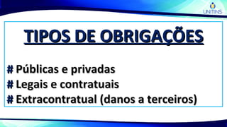 TIPOS DE OBRIGAÇÕESTIPOS DE OBRIGAÇÕES
## Públicas e privadasPúblicas e privadas
## Legais e contratuaisLegais e contratuais
## Extracontratual (danos a terceiros)Extracontratual (danos a terceiros)
 