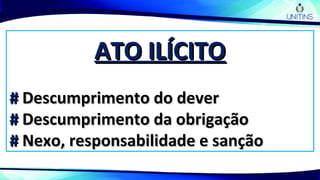 ATO ILÍCITOATO ILÍCITO
## Descumprimento do deverDescumprimento do dever
## Descumprimento da obrigaçãoDescumprimento da obrigação
## Nexo, responsabilidade e sançãoNexo, responsabilidade e sanção
 