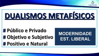 DUALISMOS METAFÍSICOSDUALISMOS METAFÍSICOS
## Público e PrivadoPúblico e Privado
## Objetivo e SubjetivoObjetivo e Subjetivo
## Positivo e NaturalPositivo e Natural
MODERNIDADE
EST. LIBERAL
 