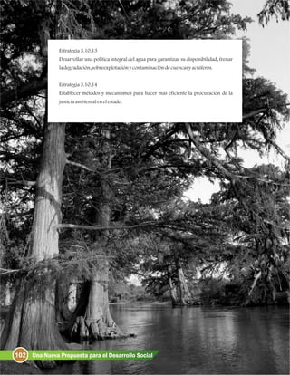 Estrategia3.10.13
Desarrollar una política integral del agua para garantizar su disponibilidad, frenar
ladegradación, sobreexplotaciónycontaminacióndecuencasyacuíferos.
Estrategia3.10.14
Establecer métodos y mecanismos para hacer más eficiente la procuración de la
justiciaambientalenelestado.
102 Una Nueva Propuesta para el Desarrollo Social
 