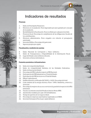 Finanzas
1. Índice deDesempeñoFinanciero.
2. Eficiencia en recaudación. Pesos ingresados por peso gastado por concepto
derecaudación.
3. RentabilidaddelaFiscalización.Pesosrecibidosporcadapesoinvertido.
4. Presencia fiscal. Porcentaje de cumplimiento de las obligaciones fiscales de
loscontribuyentes.
5. Eficiencia administrativa. Pesos erogados con relación al presupuesto
autorizado.
6. InversiónPública.Porcentajedelgasto total.
7. Ingresospropiospercápita.
Fiscalizaciónyrendicióndecuentas
8. Índice Nacional de Corrupción y Buen Gobierno.
9. Índice de Transparencia y Disponibilidad de la Información Fiscal.
10. LugardelEstadocomoGobiernoeficiente.
11. Inversiónen bienesinformáticos.
Fomentoeconómicoeinfraestructura
12. Índice deCompetitividadEstatal.
13. Índice de Competitividad Sistémica de las Entidades Federativas.
14. ÍndicedeInnovaciónEstatal.
15. PorcentajedelPIB CoahuilarespectoalPIBNacional.
16. ParticipacióndelPIBIndustrialenelTotaldelEstado.
17. ParticipacióndelPIB Serviciosen elTotaldelEstado.
18. PIBper cápita(pesos).
19. Establecimientoscertificados ISO9000 y14000. Porcentajedeltotal.
20. Costo unitario de la energía eléctrica. Pesos / kWh. (Industria, comercio y
servicios).
21. Porcentajedemujeressin accesoa serviciosdeguardería(respectodela PEA
femenina).
22. TasadecrecimientoanualdelProductoInterno Bruto(PIB).
23. Automóvilesvendidospor cada100 milhabitantes.
24. Tiempo deaperturadeunnegocio(días).
25. PorcentajedeempresasexportadorasregistradasenelSIEM.
26. InversiónExtranjeraDirectapercápita(dólares).
143Seguimiento y Evaluación
Indicadores de resultados
 