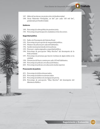 149Seguimiento y Evaluación
187. Milesdehectáreasconprotecciónalabiodiversidad.
2 2
188. Áreas Naturales Protegidas, en km por cada 100 mil km ,
ponderadoporbiodiversidad.
Gobierno
189. Porcentajedesobrepoblaciónpenitenciaria.
190. Porcentajedeparticipaciónciudadanaenlaselecciones.
Seguridadpública
191. ÍndicedeDesempeñodelSistemaPenal.
192. Porcentajedepercepcióndeinseguridadpública.
193. Númerodepolicíasporcadamilhabitantes.
194. Sueldomensualpromediodelospolicías.
195. Pesosper-cápitaasignadosaseguridadpública.
196. Porcentaje de percepción “Muy Efectiva” del desempeño de la
PolicíaEstatal.
197. Porcentaje de personas que fueron víctimas de algún delito en la
entidad.
198. Denunciasdelfuerocomúnporcada100 milhabitantes.
199. Porcentajedepolicíasconeducaciónbásica.
200. Porcentajedepolicíasconeducaciónmediasuperior.
Procuracióndejusticia
201. Porcentajededelitosdenunciados.
202. Porcentajededelitosnodenunciados.
203. Porcentajededelitossinaveriguaciónprevia.
204. Porcentaje de percepción “Muy Efectiva” del desempeño del
MinisterioPúblico.
 