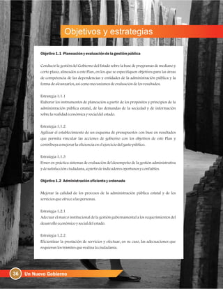 Objetivos y estrategias
Objetivo1.1 Planeaciónyevaluacióndelagestión pública
Conducir la gestión del Gobierno del Estado sobre la base de programas de mediano y
corto plazo, alineados a este Plan, en los que se especifiquen objetivos para las áreas
de competencia de las dependencias y entidades de la administración pública y la
formadealcanzarlos, asícomomecanismosdeevaluacióndelosresultados.
Estrategia1.1.1
Elaborar los instrumentos de planeación a partir de los propósitos y principios de la
administración pública estatal, de las demandas de la sociedad y de información
sobrelarealidadeconómicaysocialdelestado.
Estrategia1.1.2
Agilizar el establecimiento de un esquema de presupuestos con base en resultados
que permita vincular las acciones de gobierno con los objetivos de este Plan y
contribuyaamejorarlaeficienciaenelejerciciodelgastopúblico.
Estrategia1.1.3
Poner en práctica sistemas de evaluación del desempeño de la gestión administrativa
ydesatisfacciónciudadana, apartirdeindicadoresoportunosyconfiables.
Objetivo1.2 Administración eficienteyordenada
Mejorar la calidad de los procesos de la administración pública estatal y de los
serviciosqueofrecealaspersonas.
Estrategia1.2.1
Adecuar el marco institucional de la gestión gubernamental a los requerimientos del
desarrolloeconómicoysocialdelestado.
Estrategia1.2.2
Eficientizar la prestación de servicios y efectuar, en su caso, las adecuaciones que
requieranlostrámitesquerealizalaciudadanía.
36
 